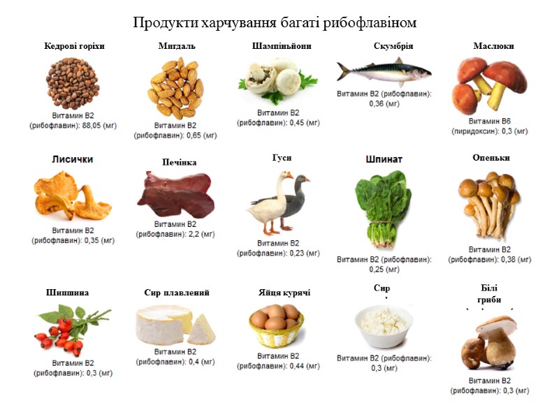Продукти харчування багаті рибофлавіном  Кедрові горіхи Мигдаль  Шампіньйони  Скумбрія  Маслюки